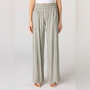 Smocked Waist Wide-Leg Stripe Pants - Light Sage